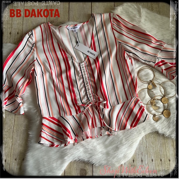 BB Dakota Tops - BB DAKOTA Striped Holiday Red Black Peplum Top